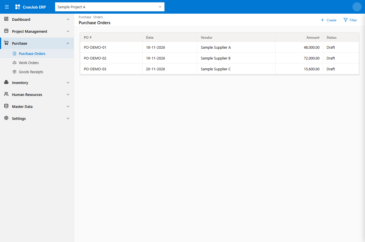 Purchase Orders with sample suppliers, amounts and document statuses.