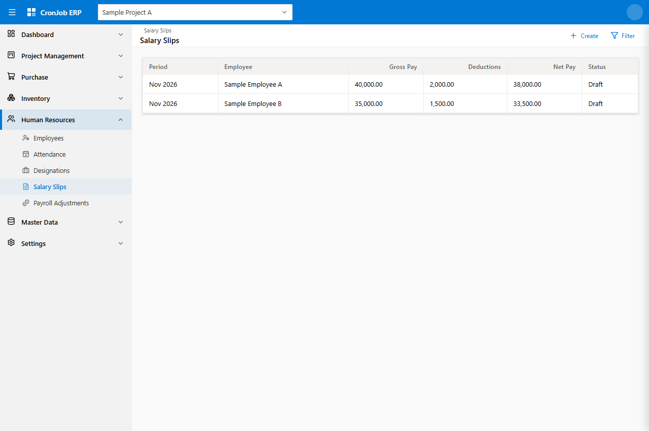 Salary slips with sample employee and payroll records.